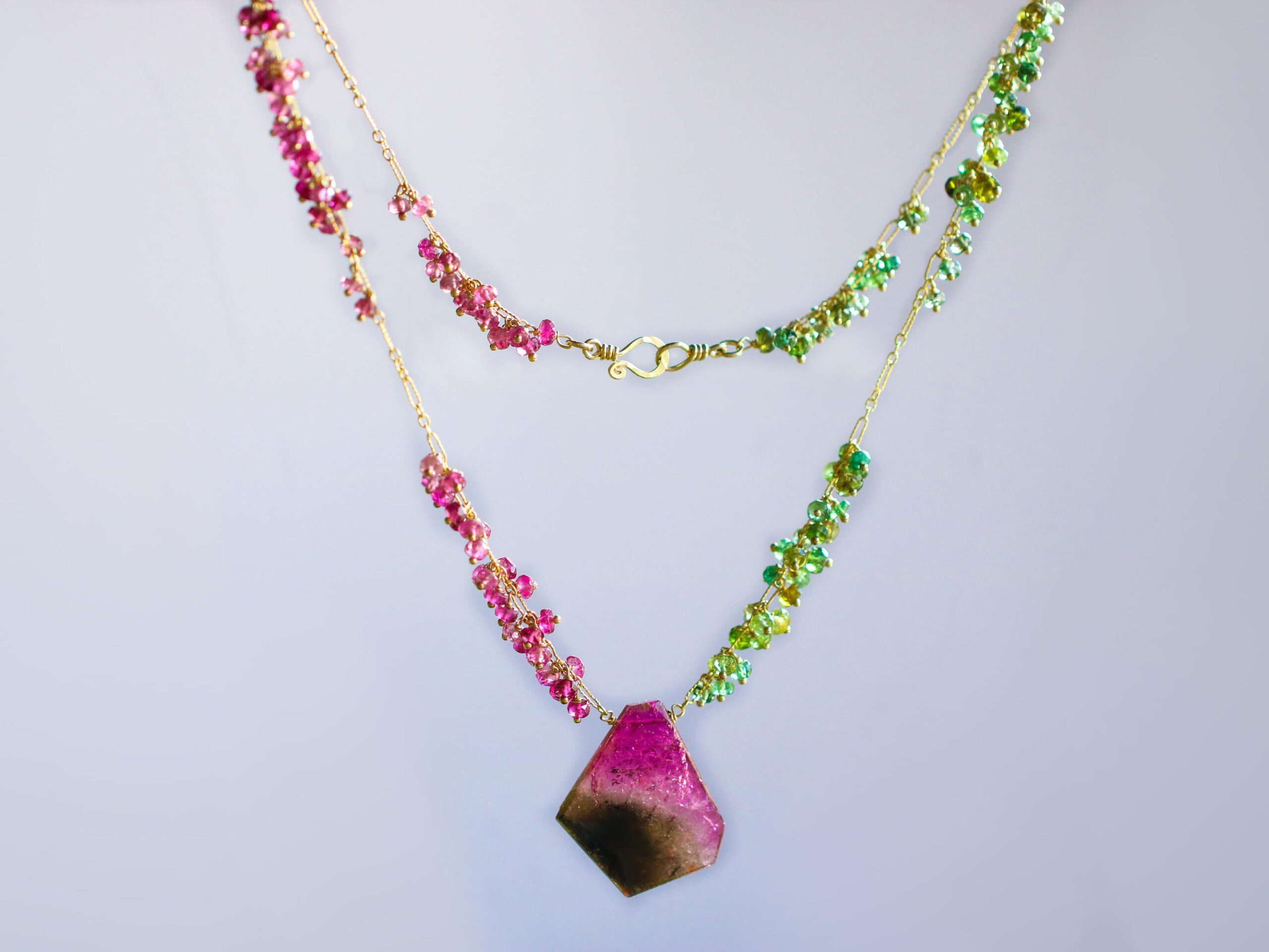 Watermelon Tourmaline Slice Necklace with Pink and Green Tourmaline, Statement Necklace One of a Kind