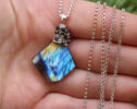 Yellow Blue Labradorite Wire Wrapped in Silver Pendant Necklace