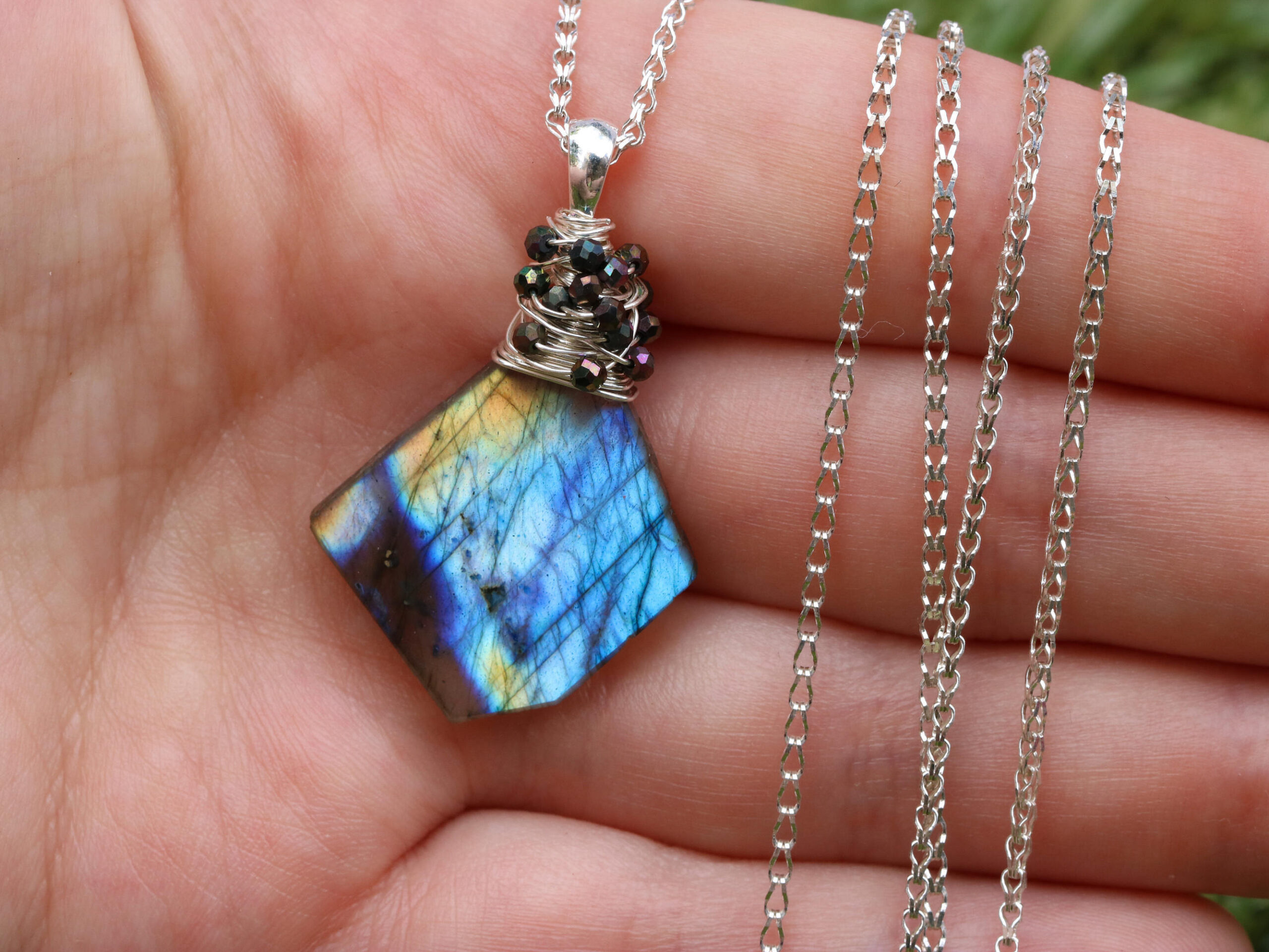 Yellow Blue Labradorite Wire Wrapped in Silver Pendant Necklace