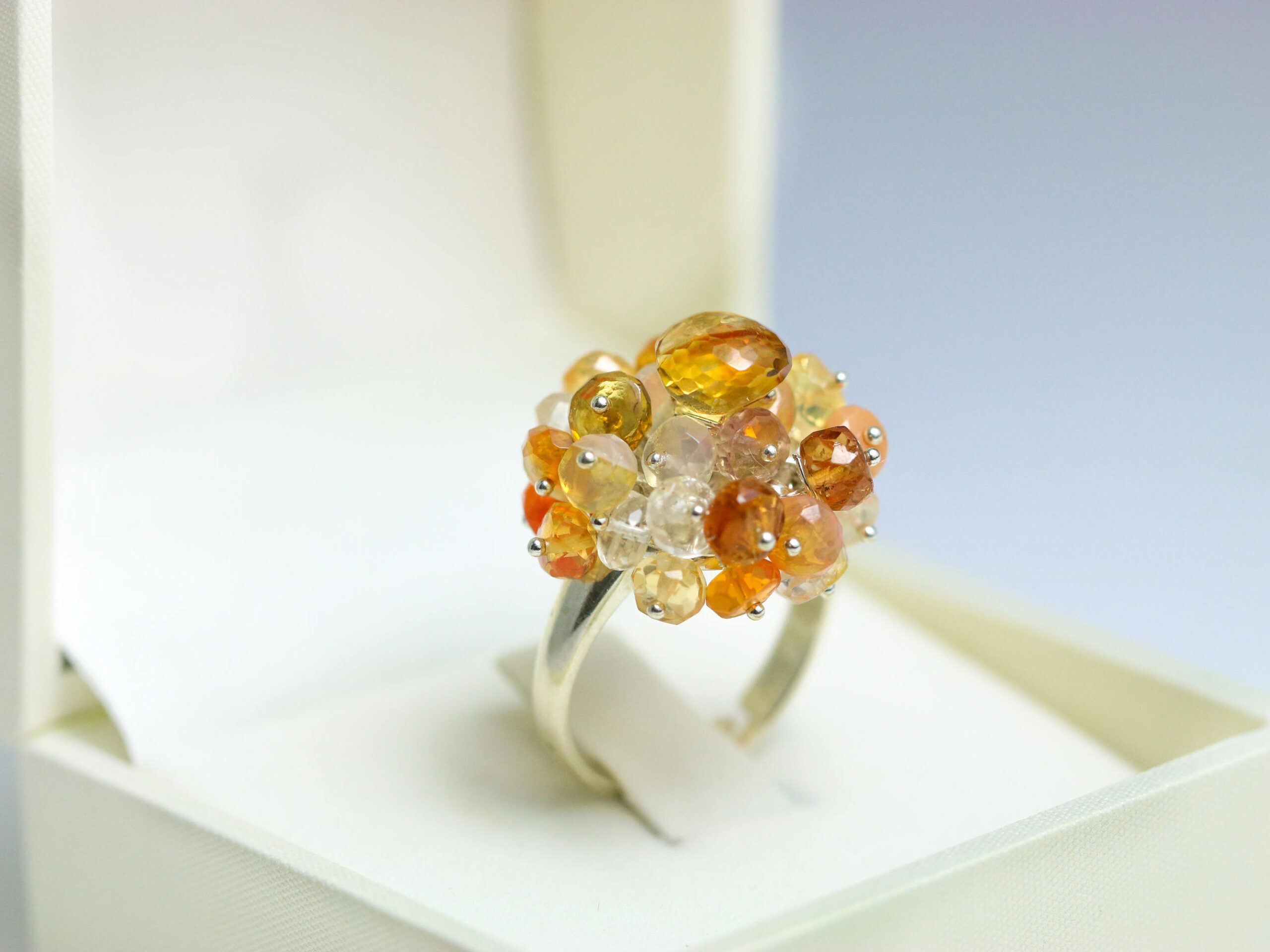 Yellow Citrine and Mexican Fire Opal Sterling Silver Adjustable Ring