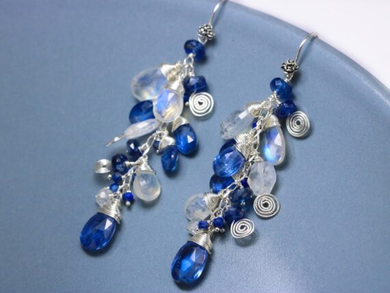 Blue Kyanite and Rainbow Moonstone Dangle Earrings in Silver
