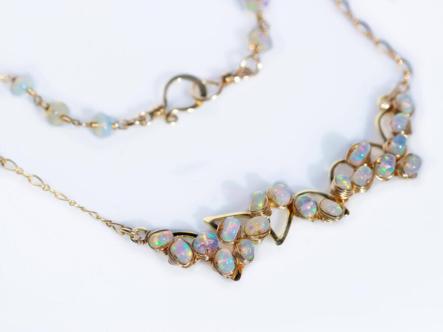 Ethiopian Opal Gemstone Bar Necklace Wire Wrapped in Gold Filled