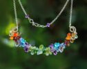Multi Gemstone Rainbow Wire Wrapped Collar Necklace in Silver
