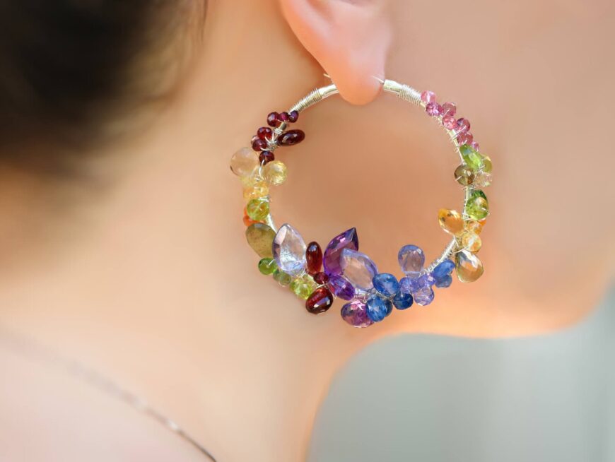 Multi Gemstone Rainbow Wire Wrapped Large Hoop Earrings in Silver