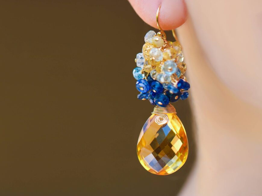 Natural Citrine with Aquamarine and Kyanite Cluster Earrings in Gold Filled