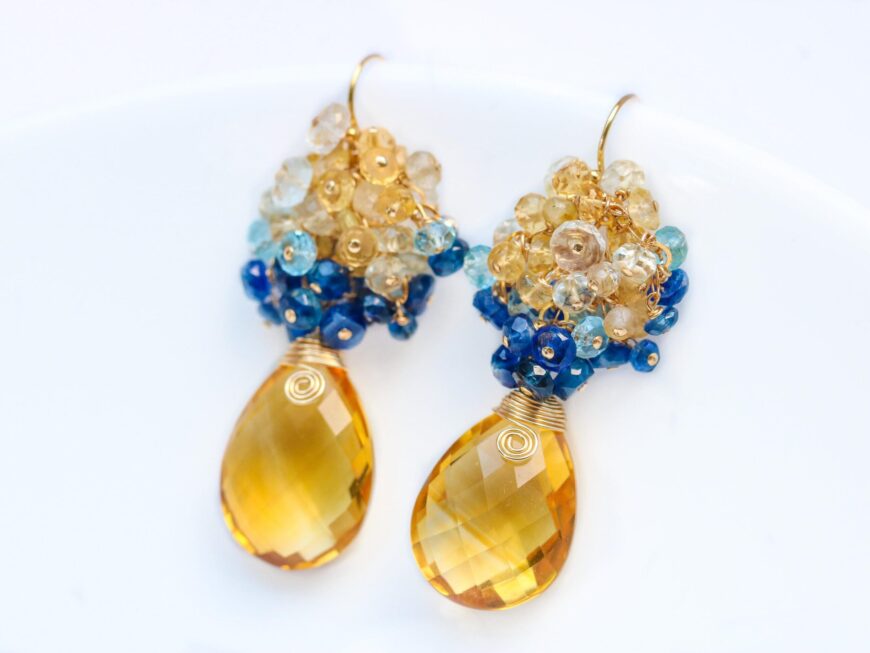 Natural Citrine with Aquamarine and Kyanite Cluster Earrings in Gold Filled