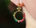 Paraiba Blue Tourmaline and Pink Tourmaline Rainbow Wire Wrapped Hoop Earrings in Gold Filled, Artisan Earrings