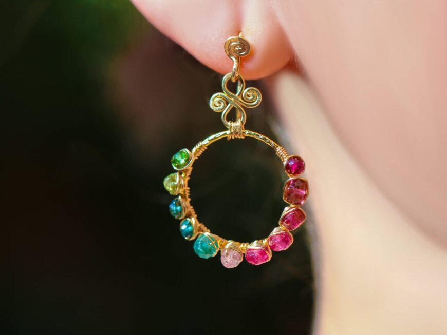 Paraiba Blue Tourmaline and Pink Tourmaline Rainbow Wire Wrapped Hoop Earrings in Gold Filled, Artisan Earrings