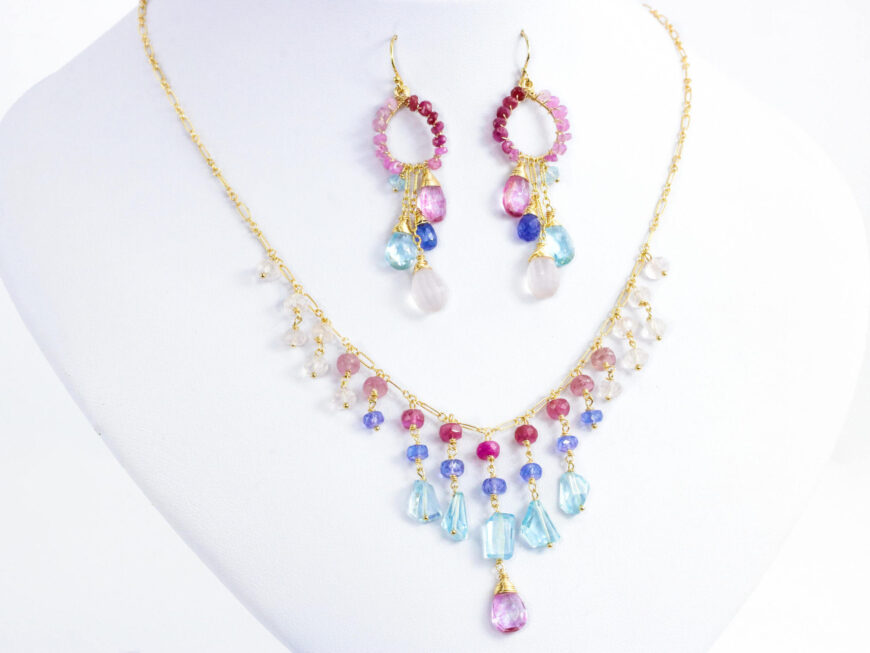 Pink and Blue Topaz Jewelry Set, Pink Ruby, Pink Sapphires and Tanzanite Statement Jewelry Set