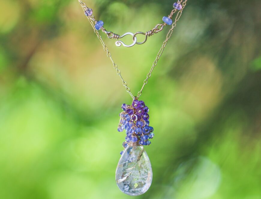 Tazanite and Amethyst with Golden Rutilated Quartz Pendant Necklace in Gold Filled