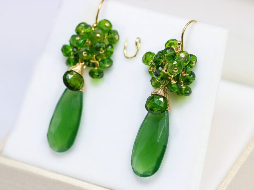 Emerald Green Serpentine with Green Chrome Diopside Short Cluster Earrings