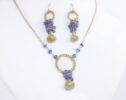 Genuine Tanznaite and Golden Rutilated Quartz Luxury Statement Necklace and Earrings Jewelry Set