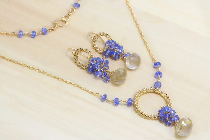 Genuine Tanznaite and Golden Rutilated Quartz Luxury Statement Necklace and Earrings Jewelry Set
