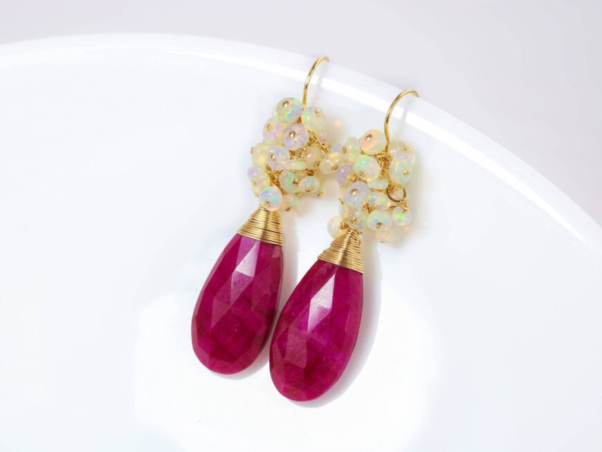 Red Ruby Earrings with Ethiopian Opal Cluster Earrings