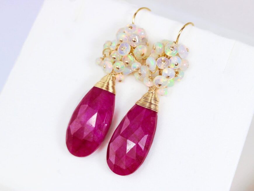 Red Ruby Earrings with Ethiopian Opal Cluster Earrings
