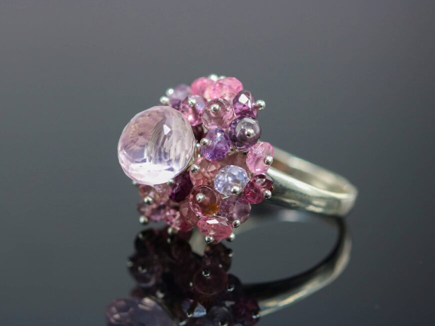 Rose Quartz and Pink Purple Spinel Multi Gemstone Semi Precious Sterling Silver Ring, Adjustable Ring