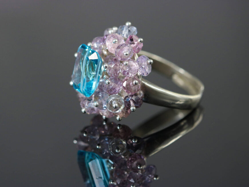 Swiss Blue Topaz and Blue Purple Spinel Multi Gemstone Semi Precious Sterling Silver Ring, Adjustable Ring