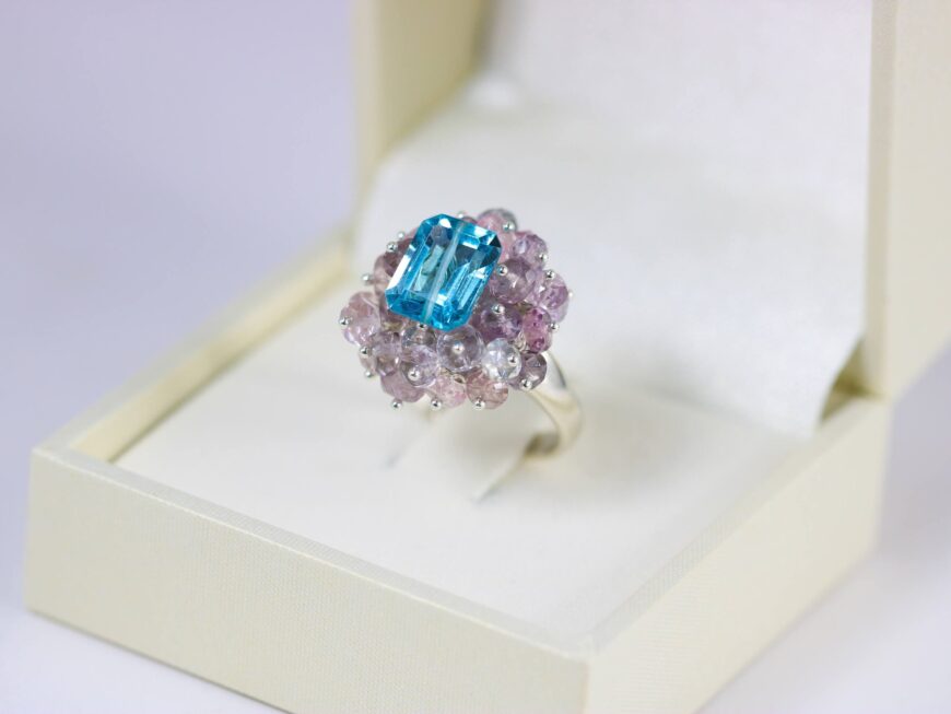 Swiss Blue Topaz and Blue Purple Spinel Multi Gemstone Semi Precious Sterling Silver Ring, Adjustable Ring