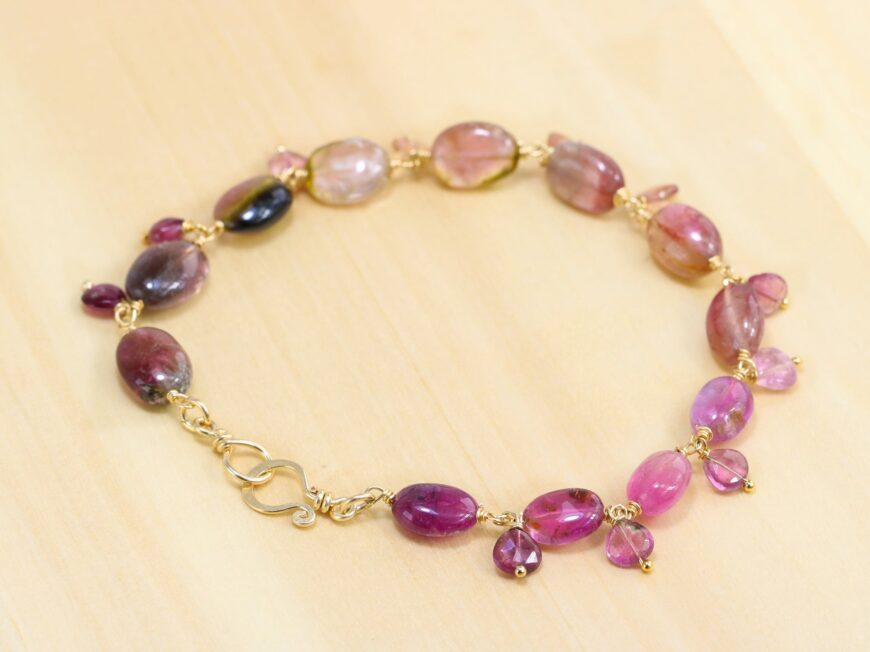 Watermelon and Pink Tourmaline Gemstone Bracelet Wire Wrapped in Gold Filled