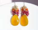Yellow Chalcedony Cluster Earrings with Pink Tourmaline and Mexican Fire Opal