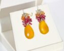 Yellow Chalcedony Cluster Earrings with Pink Tourmaline and Mexican Fire Opal