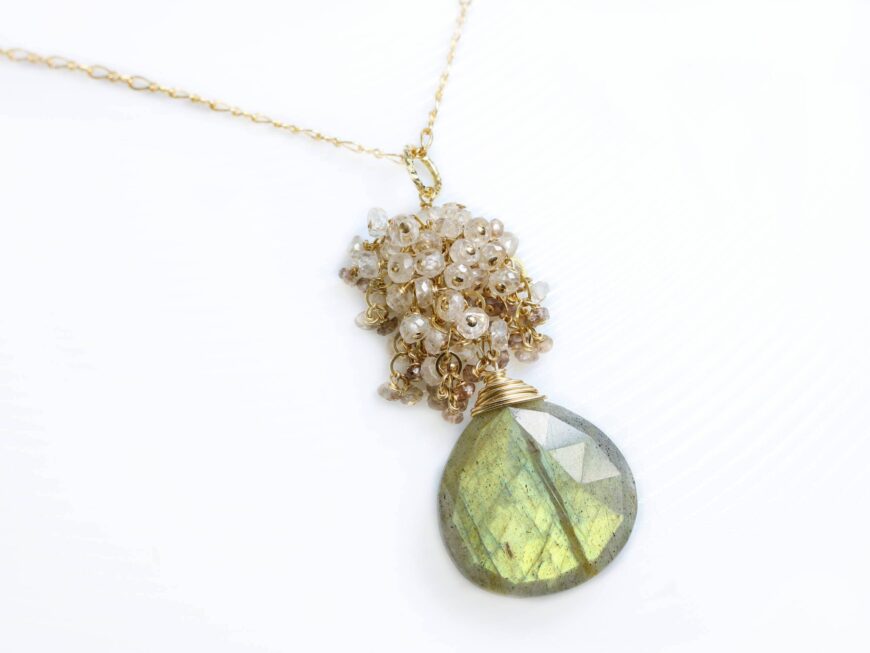Golden Yellow Labradorite Pendant with Cluster of Champagne and Beige Natural Zircon Gemstones