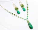 Luxury Malachite Necklace and Earrings with Emeralds, Statement Jewelry Set in Gold Filled