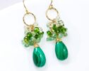 Luxury Malachite Necklace and Earrings with Emeralds, Statement Jewelry Set in Gold Filled