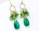 Luxury Malachite with Chrome Diopside and Green Kyanite Cluster Earrings in Gold Filled
