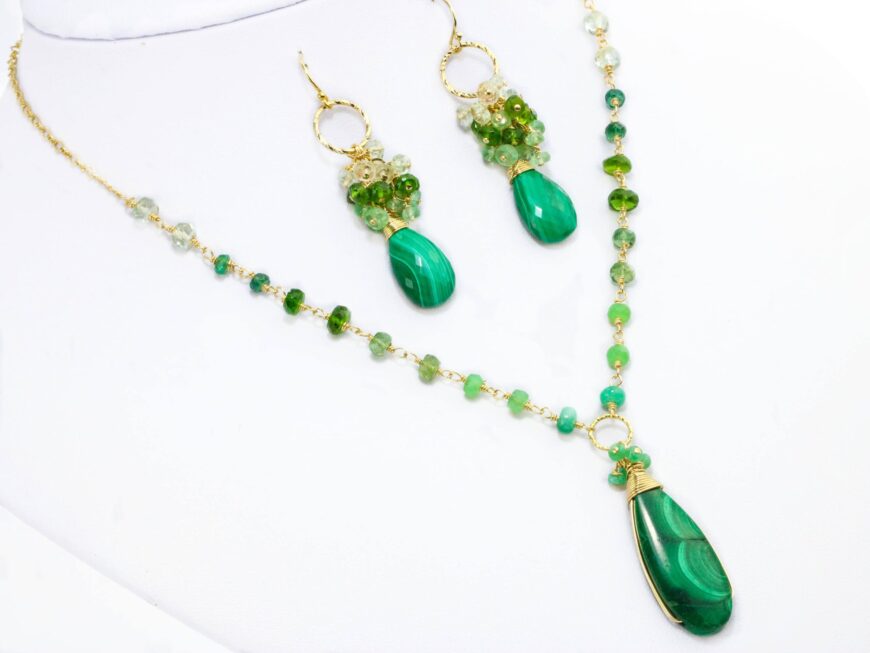 Luxury Malachite with Chrome Diopside and Green Kyanite Cluster Earrings in Gold Filled