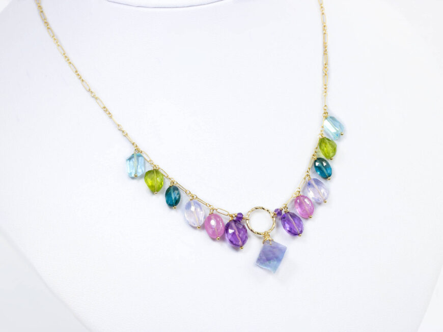 Multi Gemstone Drop Necklace in Gold Filled, Precious Colorful Necklace