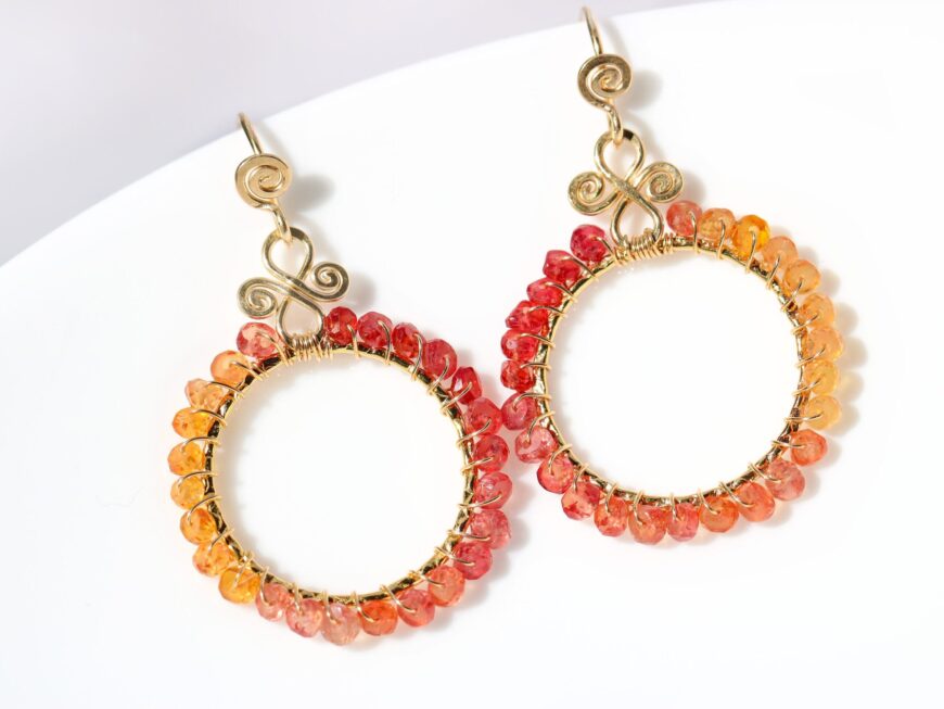 Orange and Red Songea Sapphires Wire Wrapped Hoop Earrings in Gold Filled, Artisan Earrings