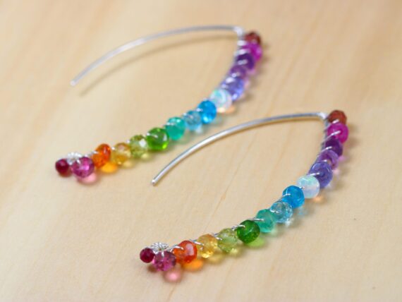 Rainbow Gemstone Threader Open Hoops Earrings in Silver