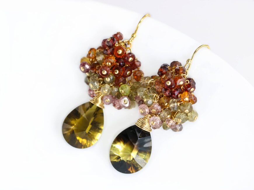 Tunduru Sapphires Cluster Earrings with Bi Color Lemon Topaz, Statement Earrings in Gold Filled