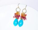 Turquoise, Pink Tourmaline and Mexican Fire Opal Cluster Earrings in Gold Filled