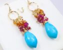 Turquoise, Pink Tourmaline and Mexican Fire Opal Cluster Earrings in Gold Filled