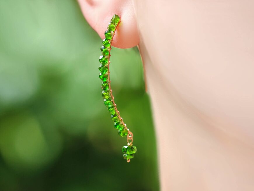 Emerald Green Chrome Diopside Threader Open Hoops Earrings in Gold Filled