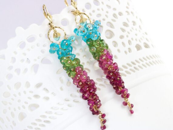 Pink Tourmaline with Green Kyanite and Blue Apatite Long Cluster Statement Earrings in Gold Filled