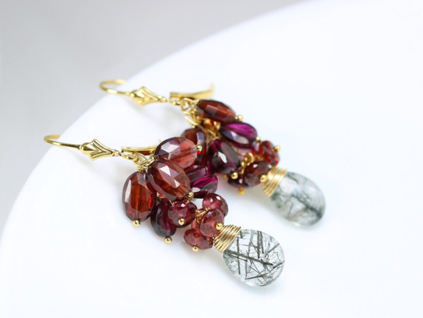Red Garnet with Black Rutilated Quartz Small Cluster Earrings