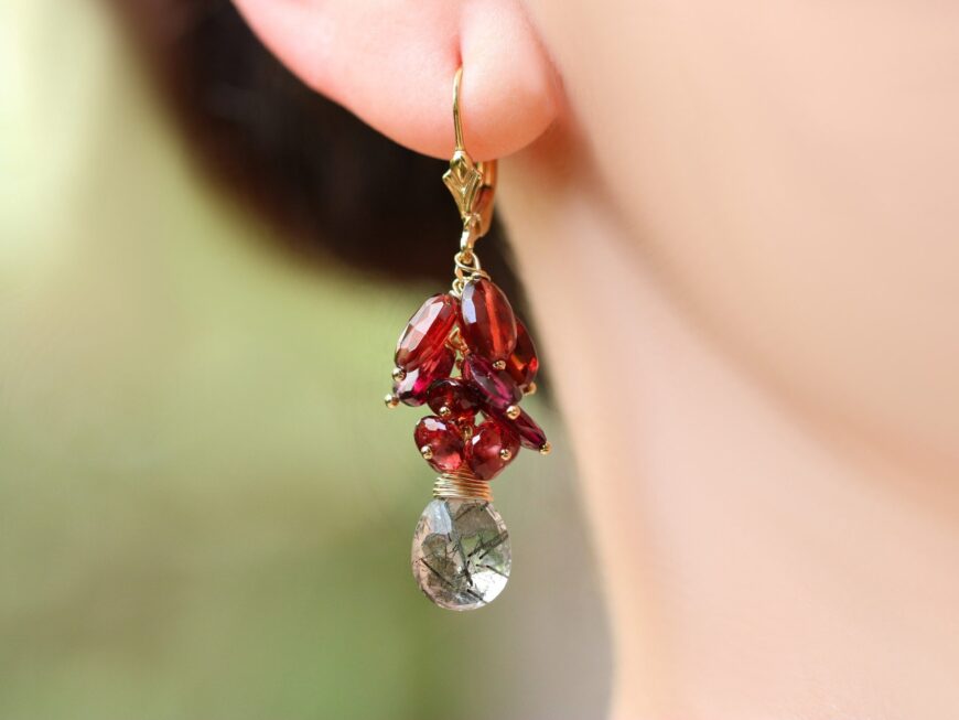 Red Garnet with Black Rutilated Quartz Small Cluster Earrings