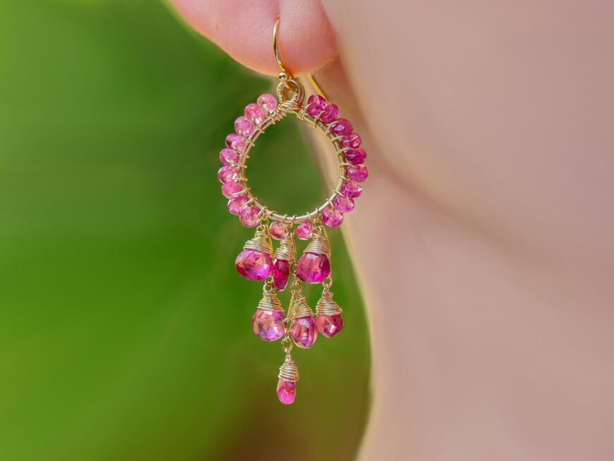 Rubellite Pink Tourmaline Chandelier Earrings in Gold Filled, Wire Wrapped Hoop Gemstone Earrings