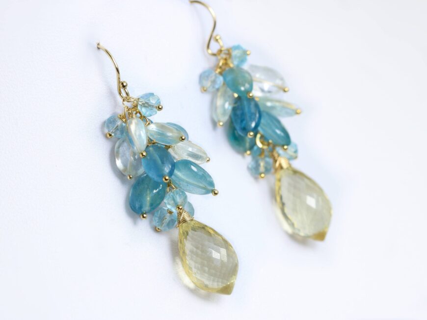 Santa Maria Blue Aquamarine Cluster Earrings with Scapolite, Elegant Statement Earrings