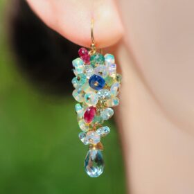 The Appassionata Earrings (Short Version) – Ethiopian Opal Short Cluster Earrings, Statement Earrings with Paraiba Tourmaline, Pink Tourmaline and Aquamarine