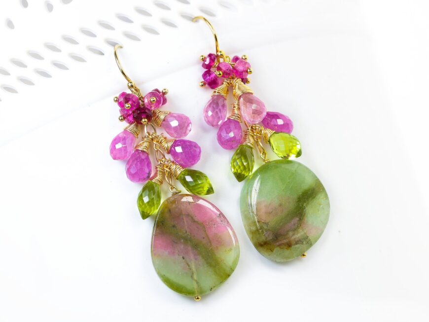 Bi Colored Tourmaline with Pink Sapphire and Green Peridot, Statement One of a Kind Earrings