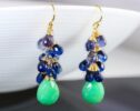Green Chrysoprase with Kyanite and Iolite Cluster Earrings in Gold Filled