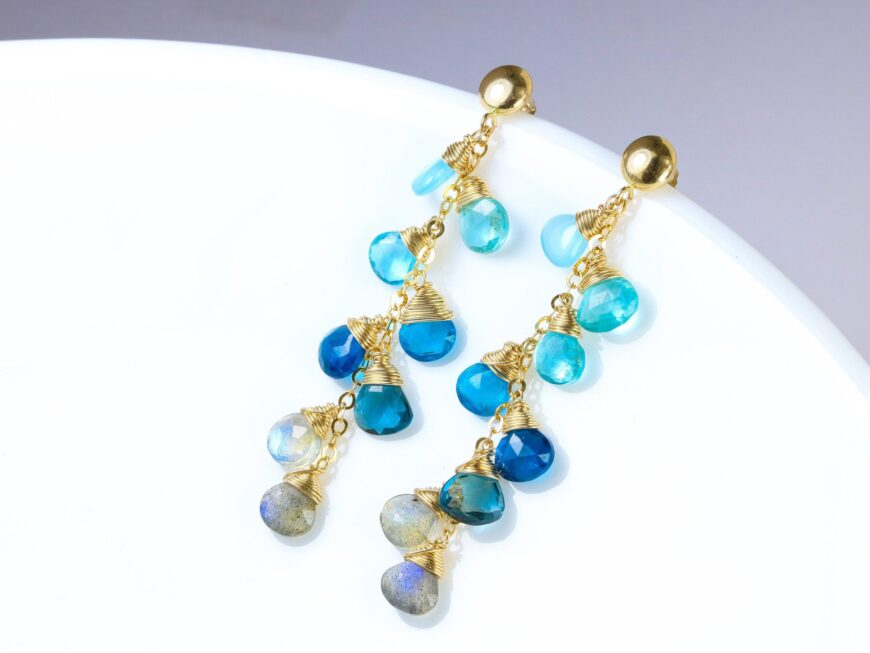 Multi Gemstone Blue Ombre Earrings Wire Wrapped in Gold Filled