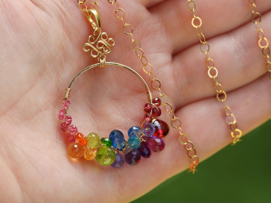 Multi Gemstone Hoop Pendant Necklace in Gold Filled