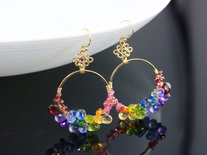 Multi Gemstone Hoop Pendant Necklace in Gold Filled