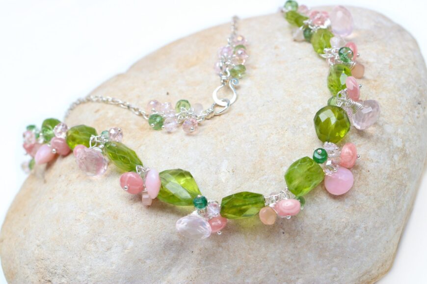 Green Peridot with Rose Quartz and Pink Opal Gemstone Cluster Necklace in Silver