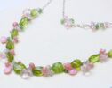 Green Peridot with Rose Quartz and Pink Opal Gemstone Cluster Necklace in Silver